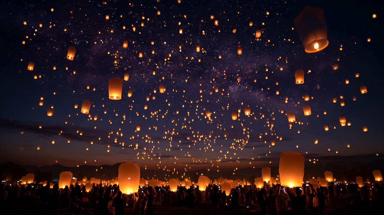 Mentor_MidJ_StockArt_2025_0002s_0000_Layer 12 John Burnett's Midjourney Masterclass Ai Art Mentorship paper Sky lantern festival