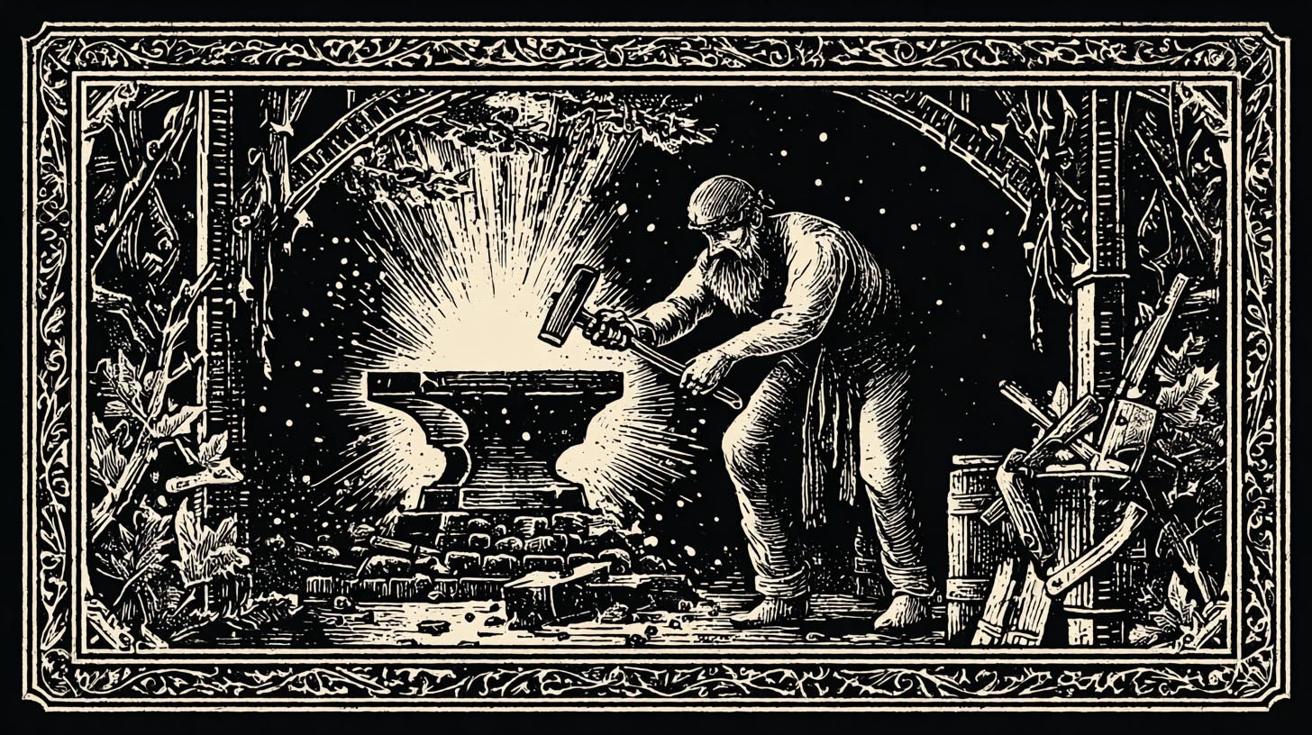 Mentor_MidJ_StockArt_2025_0002s_0006_Layer 4 John Burnett's Midjourney Masterclass Ai Art Mentorship Medieval woodcut forge